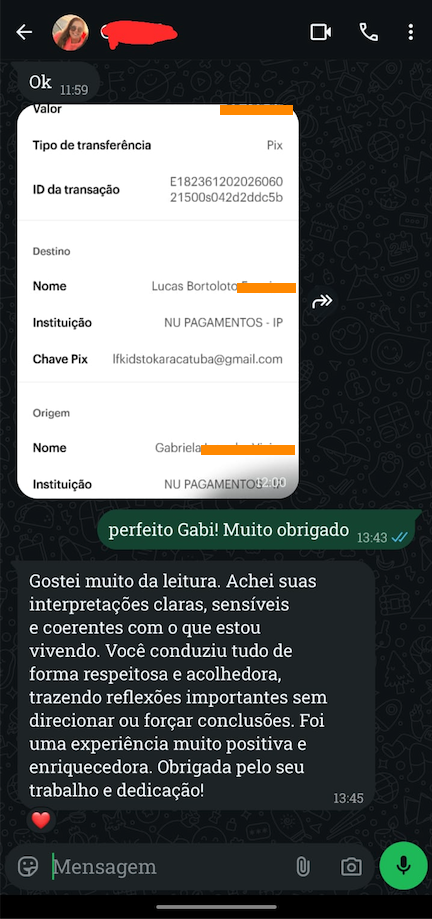 Print de depoimento de cliente sobre clareza encontrada na consulta de tarot